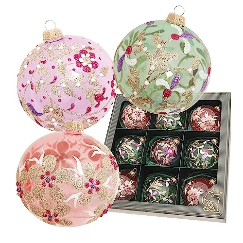 Krebs Glas Lauscha Weihnachtsdekoration - Blumen Christbaumschmuck, 9 Stück - Weihnachtsbaumkugeln in Lila, Rosa und Grün, mundgeblasen und handdekoriert. Verleihen Sie Ihrem Baum mit diesen 8 cm großen, glitzernden Anhängern einen festlichen Glanz.