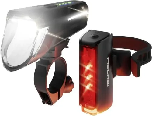 FISCHER FAHRRAD Fahrradbeleuchtung Set PLUS 110 + TWIN STOP LED Schwarz - Fahrradbeleuchtung Set mit bis zu 110 Lux Helligkeit und einer Betriebsdauer von bis zu 20 Stunden – ideal für sicheres Fahren bei Dunkelheit.