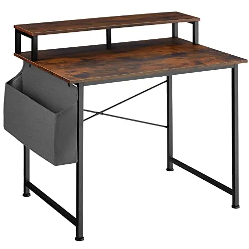 tectake Schreibtisch mit Aufbewahrungstasche und Monitorständer, 80/120 cm, Computertisch im Industrie-Design, Holz, schwarzes Metallgestell (Industrial Dunkelbraun, 120 cm)