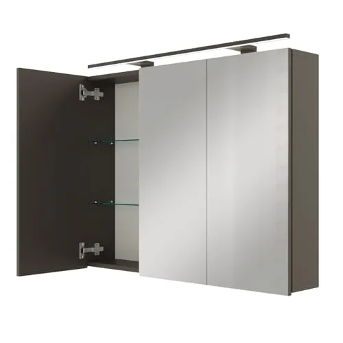 Spiegelschrank ARIA 90 cm anthrazit mit Leuchte und Steckdosenbox - Praktischer Spiegelschrank mit wasserabweisender Melaminbeschichtung, Soft-Close-Türen und integrierter LED-Leuchte für optimale Ausleuchtung. Ideal für Ihr Badezimmer!