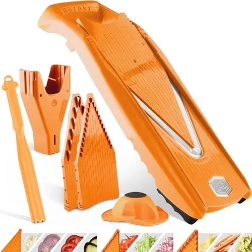 Börner Gemüsehobel V5 Plus Set - Vielseitiger V-Hobel mit Edelstahl V-Klinge und Zubehör - Gemüsehobel mit 8 Schnittarten für schnelle Zubereitung von Obst und Gemüse. Inklusive Sicherheitsfruchthalter und leicht zu reinigen. Qualität "Made in Germany".