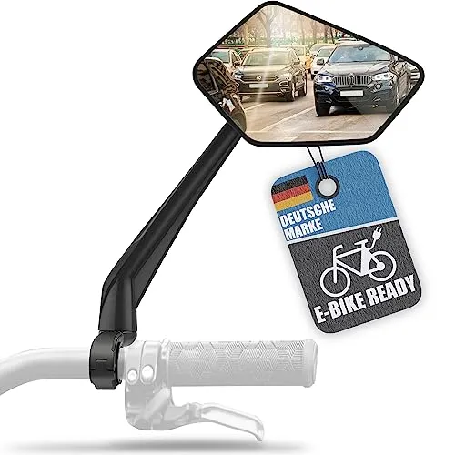 BALOU Fahrradspiegel mit großer Spiegelfläche und Reflektorstreifen - 360° drehbar für beste Rundumsicht. Der große Spiegel aus Echtglas bietet optimale Sicht. Mit Reflektorstreifen für erhöhte Sicherheit im Dunkeln. Universell für verschiedene Lenkergrößen geeignet.