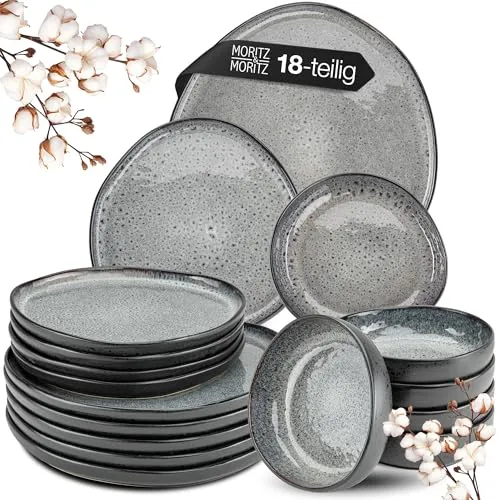 Moritz & Moritz Tafelservice ORGANIC reaktiv grau 18-tlg. für 6 Personen - Hochwertiges Steinzeug-Geschirrset in schlichtem grauen Design, ideal für stilvolle Tischdekorationen und den täglichen Gebrauch.
