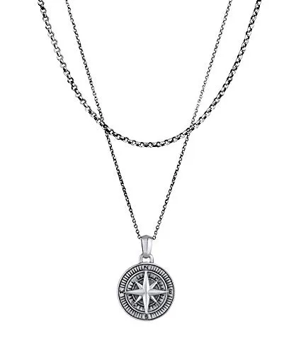 Kuzzoi Herren Silber-Halskette mit Kompass Anhänger - Ketten für Herren: Handgearbeitete 2-reihige Layer Kette aus 925 Sterling Silber, maritimer Kompass Anhänger für einen robusten Look, ideal als Geschenk zu besonderen Anlässen.