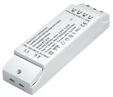 Elektronischer Halogen-Trafo 230/12V/70-210W - Sonstige Elektroinstallationsartikel mit Überlastungsschutz und Temperatursicherung, dimmbar für flexible Lichtgestaltung, kompakte Maße 175 x 46 x 33 mm.