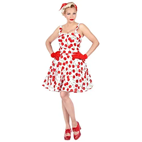 NET TOYS 50er Jahre Rockabilly Kleid mit Kirschen für Frauen | Weiß-Rot in Größe S (34/36) | Außergewöhnliche Damen-Bekleidung Vintage Pin-Up Dress | EIN Highlight für Mottoparty & Themenabend
