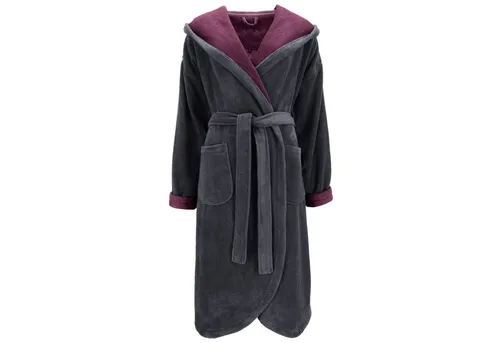 Vossen Damenbademantel Balance Carmen mit Kapuze in Grau M - Eleganter Damenbademantel aus hochwertigem Velours, ideal für entspannte Momente. Mit Kapuze und modernem Schnitt für optimalen Tragekomfort.