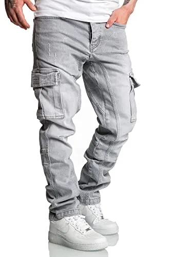 Amaci&Sons Herren Cargo Jeans Regular Slim Destroyed 7977 Hellgrau W34/L30 - Stylische Herren Cargo Jeans in Hellgrau, Regular Slim Fit, ideal für lässige Outfits. Robuste Verarbeitung mit modischem Destroyed-Look.