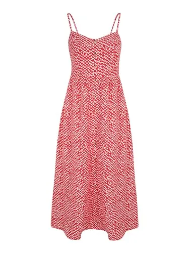 Modisches Sommerkleid LASCANA, Damen Gr. 38, Rot-Creme - Damenkleid aus Leinenmix mit V-Ausschnitt und verstellbaren Spaghettiträgern. Figurumspielender Schnitt in Midi-Länge, ideal für Strand und Freizeit.