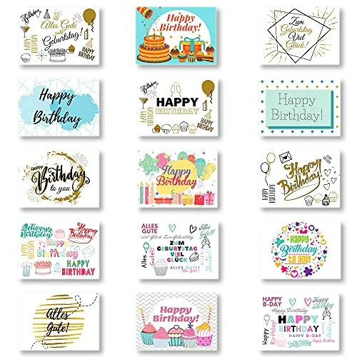 Domelo Geburtstagskarten, 15er Set mit Umschlag, Happy Birthday Postkarten, Kraftpapier Karten zum Geburtstag, Geburtstagskarte für Mann/Frau/Kinder, Postkarte als Grußkarten (Set 1)