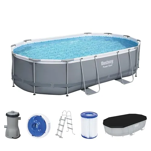 Bestway Aufstellpoolset - 305 x 107 x 488 cm, Blau/Grau/Weiß/Hellblau, ideal für entspannende Tage im Freien und einfachen Zugang zu Wasserspaß