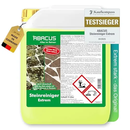 ABACUS® Steinreiniger Extrem 5 Liter - Moosbekämpfung, extrem kraftvoller Steinreiniger für außen, entfernt mühelos Algen, Flechten und Schmutz in Minuten, ideal für schnelle Reinigung vor Besuch.