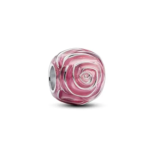 PANDORA Moments Rosafarbene Blühende Rose Charm aus Sterling Silber - Bead Charm für Damen, mit handverzierter Emaille und dreidimensionalem Effekt. Symbolisiert Wertschätzung und Liebe, ideal für Pandora Moments Armbänder.
