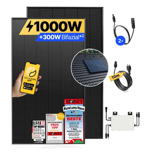 Balkonkraftwerk 1000W/800W Solaranlage - Komplettset für einfache Installation mit Dachhalterung (Paarmontage), ideal um sofort mit der Stromerzeugung zu beginnen und Ihre Energiekosten zu senken.