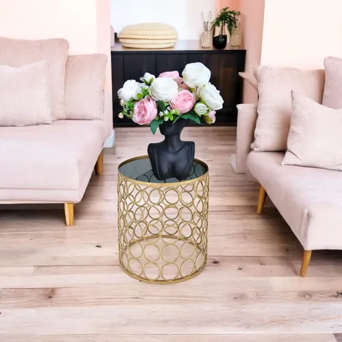 Eleganter Rundtisch aus Metall in Gold mit Glasplatte - Moderner Beistelltisch für das Wohnzimmer, einfach ohne Werkzeug zu montieren und ideal für jeden Raum. Die Kombination aus Metall und Glas sorgt für einen stilvollen Akzent.