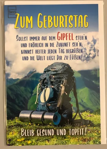 Geburtstag - Glückwunschkarte "Rucksack am Gipfel" - Forma - Stilvolle Glückwunschkarte für besondere Geburtstagsgrüße, aus hochwertigem Papier in Weiß, ideal für persönliche Botschaften.