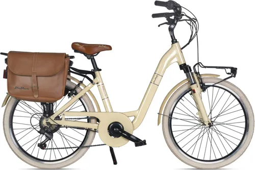 MBM Elektro-Citybike MONOTUBO Classic Lady 24 Zoll - Beige Cappuccino - E-Bike im Retro-Design, ideal für Schule und Freizeit. Geräuscharmer Bafang Hinterradnabenmotor sorgt für kraftvollen Antrieb und Fahrspaß.