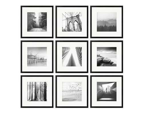 PHOTOLINI Bilderrahmen 30x30 Schwarz - Set mit Passepartout - Bilderrahmen für Poster: 9 quadratische 30x30 cm Bilderrahmen aus MDF Holz, bruchsicheres Acrylglas und einfaches Aufhängen mit Zubehör für stilvolle Wandgestaltung.