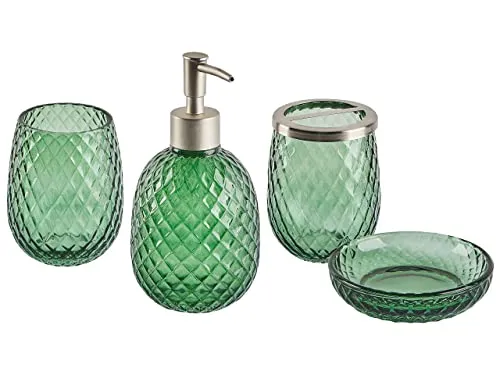 Badezimmer Set 4-teilig aus Glas in Grün - Canoa - Elegantes 4-teiliges Badezimmer-Zubehör-Set aus langlebigem Glas in modernem Grün. Sorgt für Ordnung und einen sauberen Look im Bad mit praktischen Elementen wie Seifenspender und Becher.