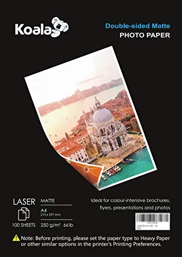 KOALA Fotopapier für Laserdrucker, Doppelseitig, Matt, A4, 250 g/m², 100 Blatt. Geeignet zum Drucken von Fotos, Zertifikaten, Broschüren, Flyern, Faltblättern, Grußkarten, Kalendern, Kunst
