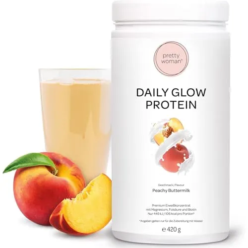 pretty woman® Daily Glow Eiweiß Pulver „Peachy Buttermilk“ 420 g – Low Carb Shake mit Vitaminen - Leckerer Eiweißshake für Frauen mit nur 0,5g Zucker pro Portion. Ideal für eine kohlenhydratarme Ernährung und unterstützt einen aktiven Lifestyle. Premiumqualität aus Deutschland.