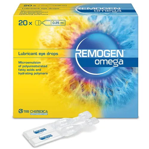REMOGEN Omega Augentropfen 20X0.25 ml - Arzneimittel für trockene Augen, wirkt reizlindernd und stabilisiert den Tränenfilm mit einer speziellen Mikroemulsion aus Fettsäuren und feuchtigkeitsspendenden Polymeren.