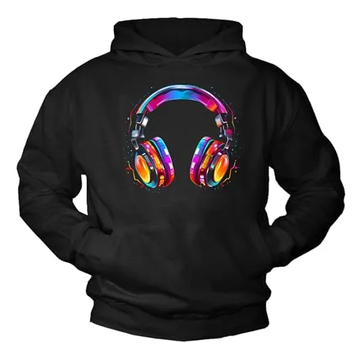 MAKAYA Hip Hop Hoodie mit Kopfhörer Motiv 80er 90er Jahre Festival Outfit Kapuzenpullover Herren Jungen Mädchen Kinder Rap Schwarz XXL