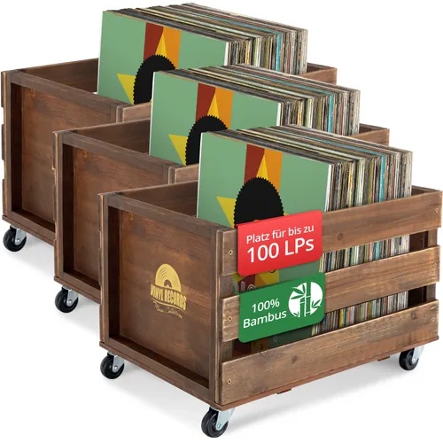 Stagecaptain SPKB-100 BN Schallplattenkiste "Emil" - 3er Set aus Bambus - Praktische Aufbewahrungsboxen im Retro-Design für bis zu 100 LPs. Mit 4 lenkbaren Rollen, ideal für flexibles Verstauen. 3 Stück im Set für vielseitige Nutzung bis 25 kg.