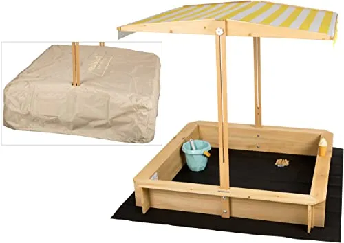 needs&wants® Sandkasten mit Dach und Bänken - Quadratische Holzsandkiste für Kinder ab 3 Jahren, ausgestattet mit UV-Schutzdach und Bodenfolie für extra Komfort und Langlebigkeit.