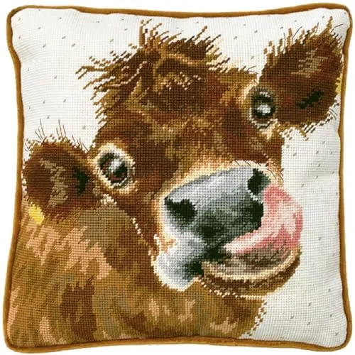Bothy Threads Gobelin-Stickkissen Set Moo - Kreatives Stickbild - Zählbare Kreuzstich-Sets mit hochwertigem Material, inklusive Stoff, Nadel und Garn, für ein einzigartiges DIY-Projekt. Anleitung in Englisch für müheloses Sticken.