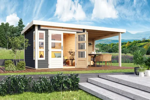 Karibu Gartenhaus Gerätehaus Trelleborg F mit Anbaudach terragrau 565x274cm 28mm Wandstärke