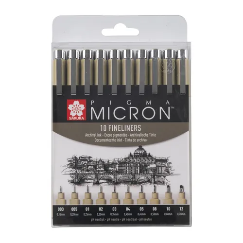 SAKURA Pigma Micron Fineliner-Set (10 Stück) | Präzise und wasserfeste Tinte für Künstler - Schreibutensilien mit 10 verschiedenen Fineliner-Größen, ideal für Zeichnen, Schreiben und Bullet Journaling. Die permanente, wasserfeste Tinte sorgt für brillante, langlebige Ergebnisse.