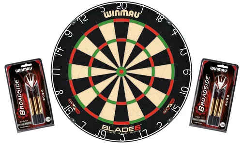 Winmau Wettkampf-Dartboard "Original Blade 6" mit Steeldarts - Dartscheiben-Set für Profis: Das Blade 6 überzeugt mit extrem dünnem Draht für weniger Bouncer und besserer Punktzahl. Inklusive Rota-Lock-Montagesystem und 2 Sätzen hochwertiger Winmau Steeldarts.
