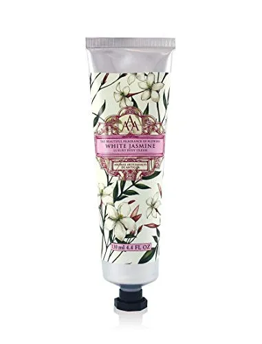 Aromas Artesanales De Antigua Floral White Jasmine Luxury Body Cream 130ml - Luxuriöse Körpercreme mit floralem Jasmin-Duft. Enthält Sheabutter für intensive Feuchtigkeitspflege. Ideal für die tägliche Hautpflege und inspiriert von der Schönheit Antiguas.
