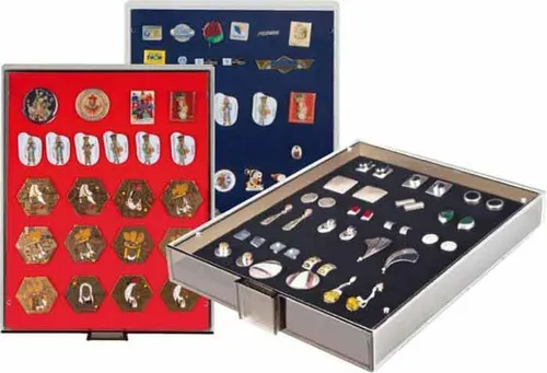 Lindner 2459 Sammelboxen für PINs / Orden / Abzeichen-Rauchglas / blaue Einlage