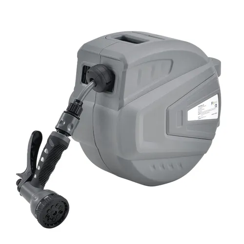 Juskys Schlauchtrommel Flowwater 10 m - Schwenkbarer Gartenschlauch-Aufroller mit Einzug-Automatik - Praktische Schlauchtrommel mit 10 m Schlauch und schwenkbarer Wandhalterung für maximale Bewegungsfreiheit. Mit Aufrollautomatik und Sicherheit gegen Stolperfallen, perfekt für Ihren Garten.