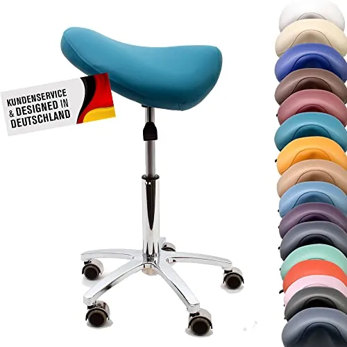 Promafit Sattelhocker/Sattelstuhl mit Gummirollen für alle Böden und Metallfuß - ergonomisch - stufenlos höhenverstellbar - viele Farben - 360° drehbar (Cyan, Ohne Fußring)