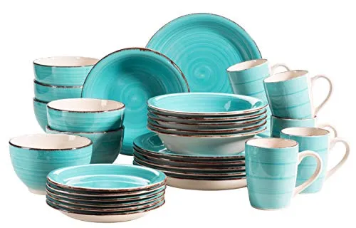 MÄSER 931614 Bel Tempo II 30-teiliges Vintage Geschirr Set - Kombiservice für 6 Personen, handbemaltes Steingut in Türkis, spülmaschinenfest und mikrowellengeeignet – perfekt für einen rustikalen Esstisch!