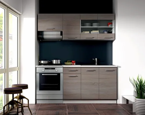 Küche Dave Mini 180 cm Küchenzeile - Küchenzeile in Eiche Sonoma Trüffel, platzsparend und ideal für kleine Räume, bietet reichlich Stauraum und edles Design.
