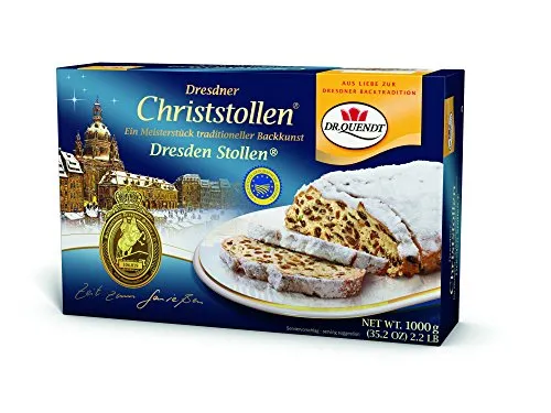 Dr. Quendt Dresdner Christstollen mit Schokolade, 1 kg - Traditioneller Stollen nach Dresdner Originalrezeptur, handwerklich gebacken mit erlesenen Zutaten für ein unvergleichliches Geschmackserlebnis.