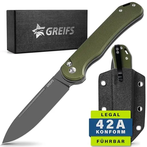 GREIFS® Klappmesser Paxos (Zweihandmesser) aus D2 Stahl mit Buttonlock und Kydexscheide, EDC Messer Outdoor Messer & Survival Taschenmesser, Überlebensmesser, Jagdmesser (TitanGreen)