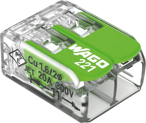 Wago Verbindungsklemme Compact 221-422, 2 Leiter, 4mm² mit Hebel - Wago Verbindungsklemmen, einfache werkzeuglose Handhabung dank Hebel und umweltfreundliches Design aus recycelten Materialien. Ideal für Installateure.