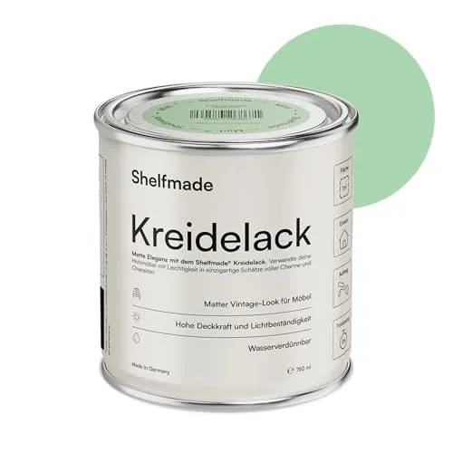 shelfmade Kreidefarbe Mintgrün - Vielseitige Möbelfarbe - Möbelfarbe für kreative DIY Projekte, ungiftig und geruchsneutral, ideal für Holz und andere Oberflächen. Die ultramatte Kreidefarbe verleiht alten Möbeln einen neuen, nostalgischen Look.