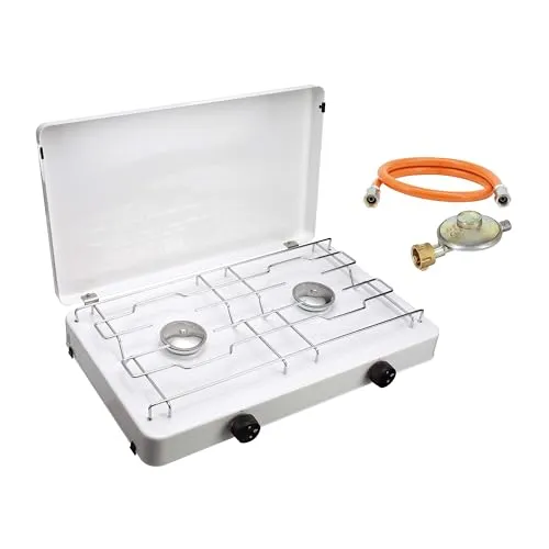 CFH Zweiflammkocher Capri ZK 421 - Tragbarer Gaskocher - Campingkocher mit 2 Flammen, ideal für Outdoor-Aktivitäten. Leicht und mit Windschutz ausgestattet, perfekt für jedes Abenteuer.