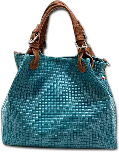 Florence Damen Handtasche in Türkis und Braun – Groß 31x28x16cm - Elegante Handtasche aus hochwertigem Kalbsleder mit geprägtem Flechtmuster. Ideal für Beruf, Freizeit und Reisen – ein stilvolles Accessoire für jeden Anlass.