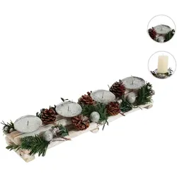 Adventsgesteck HWC-M12 mit Kerzenhaltern, Adventskranz Weihnachtsdeko Holz silber weiß 18x49x13cm ~ ohne Kerzen