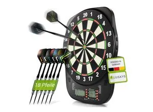 Juskys Elektronische Dartscheibe mit 32 Spielen & 359 Varianten, LCD-Display, USB-C, Pfeile & Zubehör, für bis zu 8 Spieler, Netz- & Batteriebetrieb
