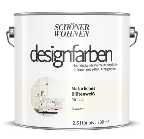 SCHÖNER WOHNEN FARBE Wandfarbe Natürliches Blütenweiß 2,5 Ltr. - Hochdeckende Dispersionsfarbe für innen, ideal für Neu- und Renovierungsanstriche. Die Spritzfrei-Formel sorgt für ein sauberes Streichen und schafft eine beruhigende Atmosphäre mit zarten Blütenweiß-Nuancen.