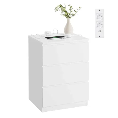 VASAGLE Nachttisch mit 3 Schubladen und Ladefunktion - Nachttisch mit 2 AC-Steckdosen und 2 USB-Anschlüssen, ideal für modernes Schlafzimmer oder Wohnzimmer, bietet praktischen Stauraum und elegantes Design.