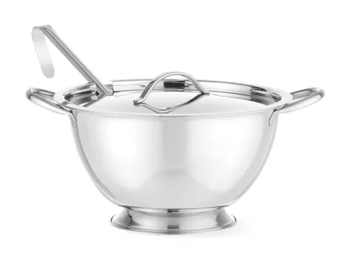 HENDI Suppenterrine 2,7L mit Deckel und Servierlöffel - Edelstahl Geschirr-Set mit robusten Griffen, ideal für einfache Handhabung und spülmaschinenfest für müheloses Reinigen.